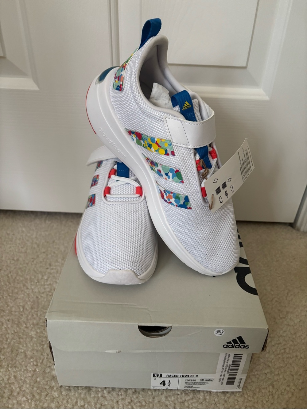 adidas Racer TR23 El K Kids White Sneakers with Multicolor Dot Stripes Size 4.5